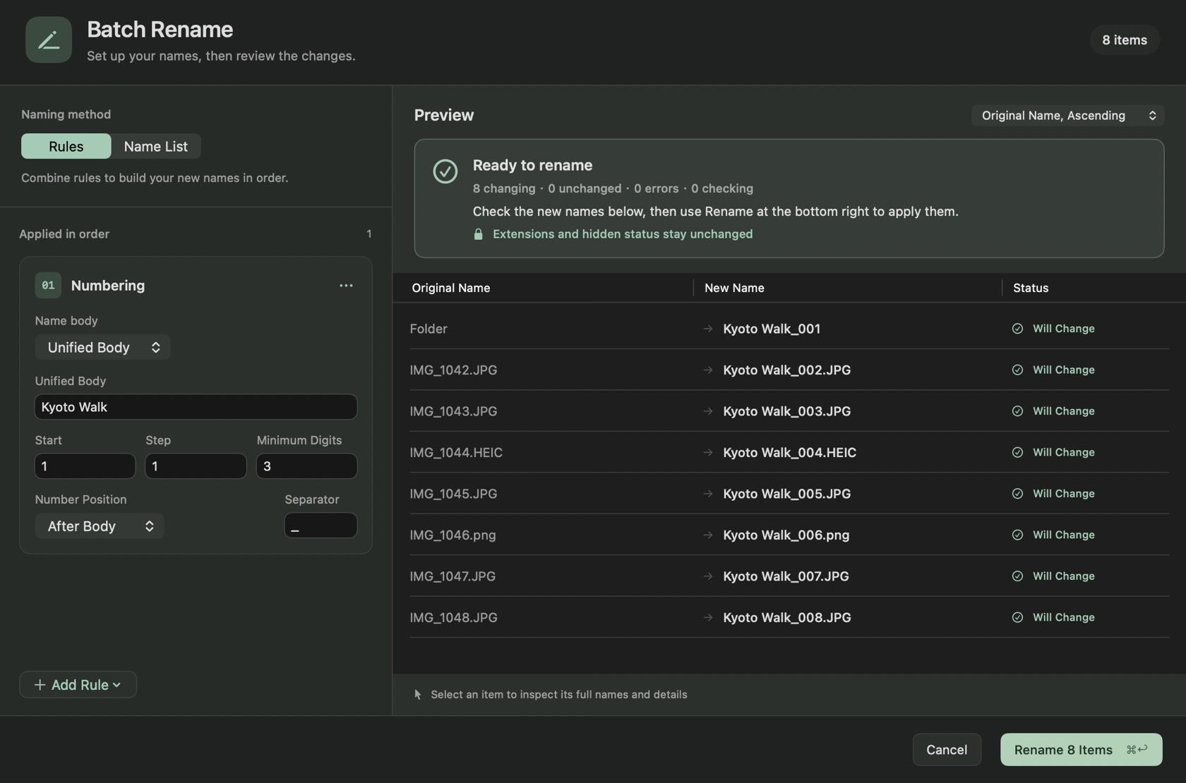 Batch Rename window with a unified name and numbering rule, original and new names, and per-item status