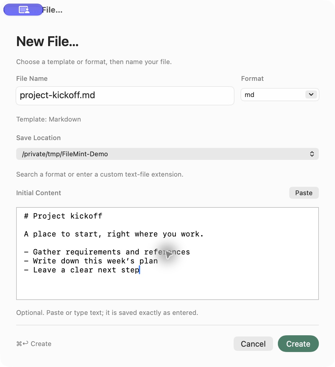 New File panel showing the filename, format, destination, starter content, Cancel and Create controls
