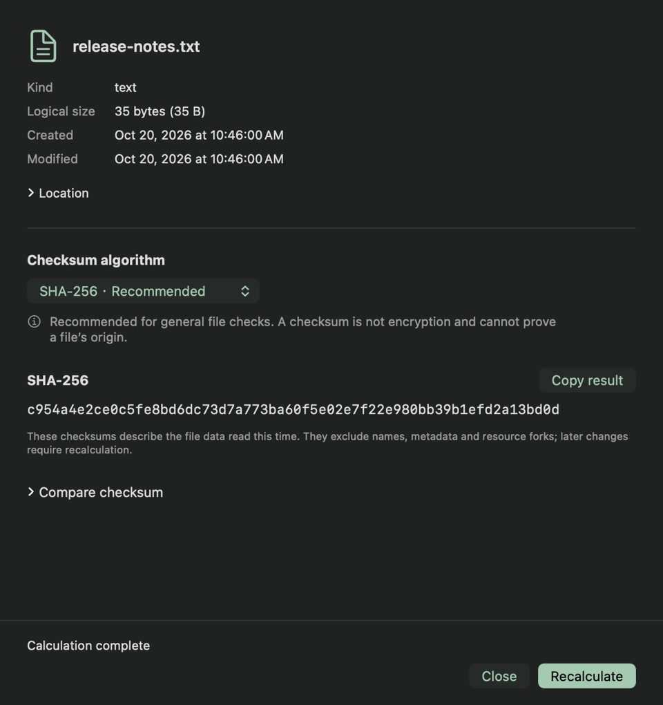 File Info window with example text-file metadata, a calculated SHA-256 result and the Compare checksum control