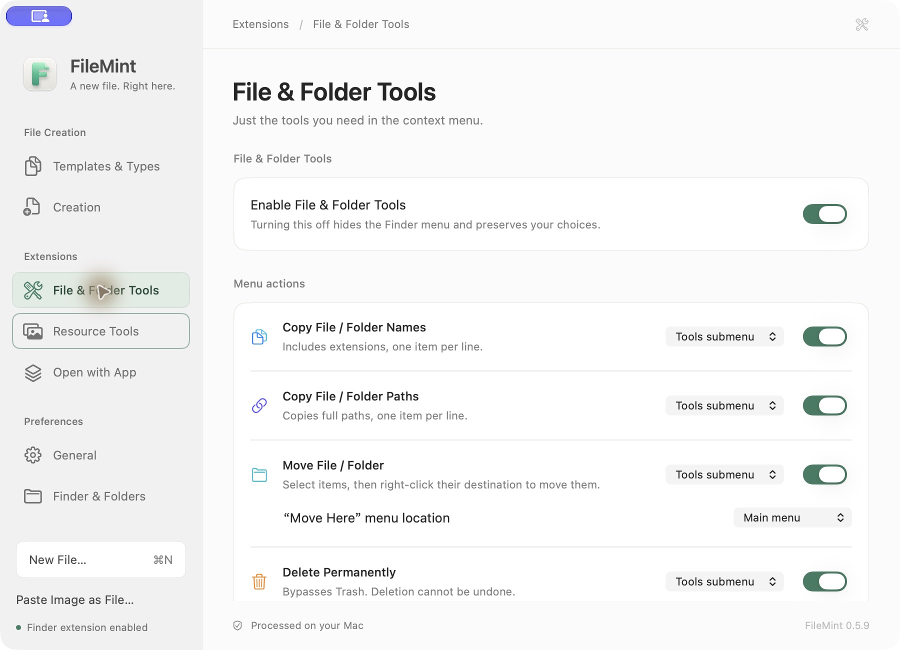 File and Folder Tools settings showing action switches and menu placement controls