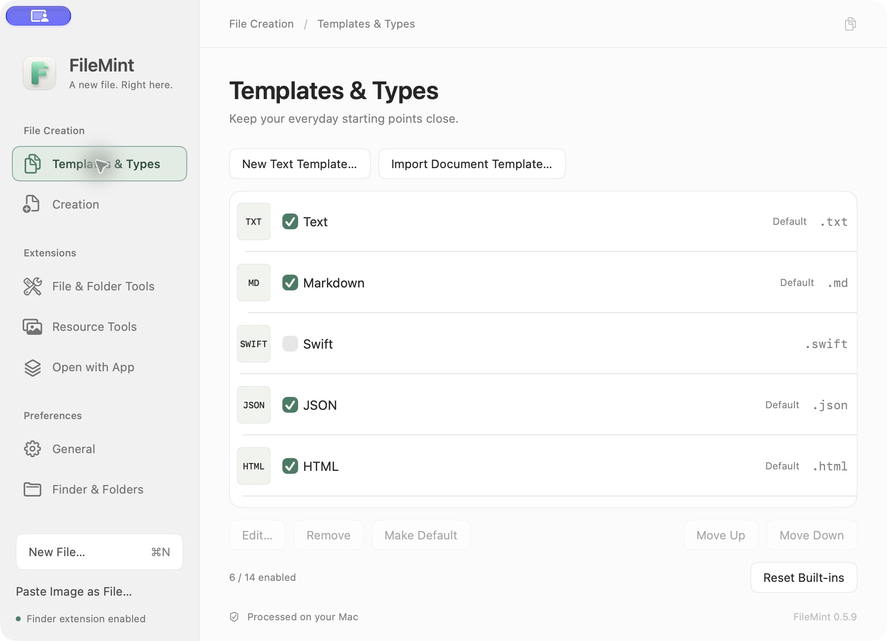 Templates and Types settings with New Text Template, Import Document Template and the format list