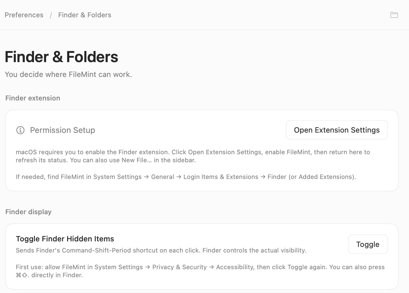 FileMint Finder & Folders settings with the hidden-item toggle