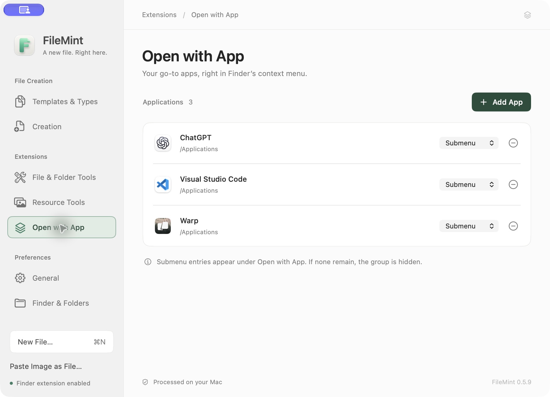 Open with App settings showing configured applications and individual menu positions