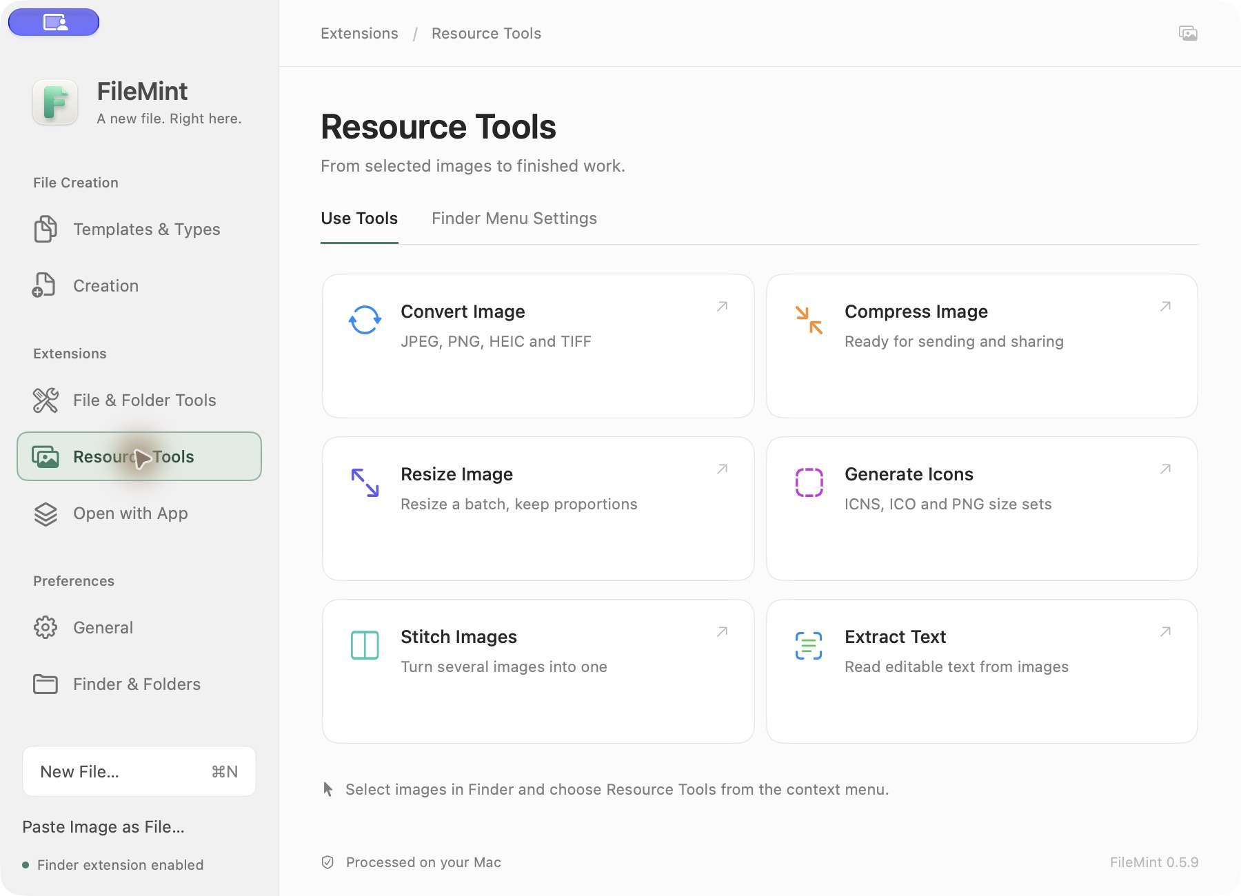 Resource Tools page showing conversion, compression, resizing, icons, stitching and text extraction